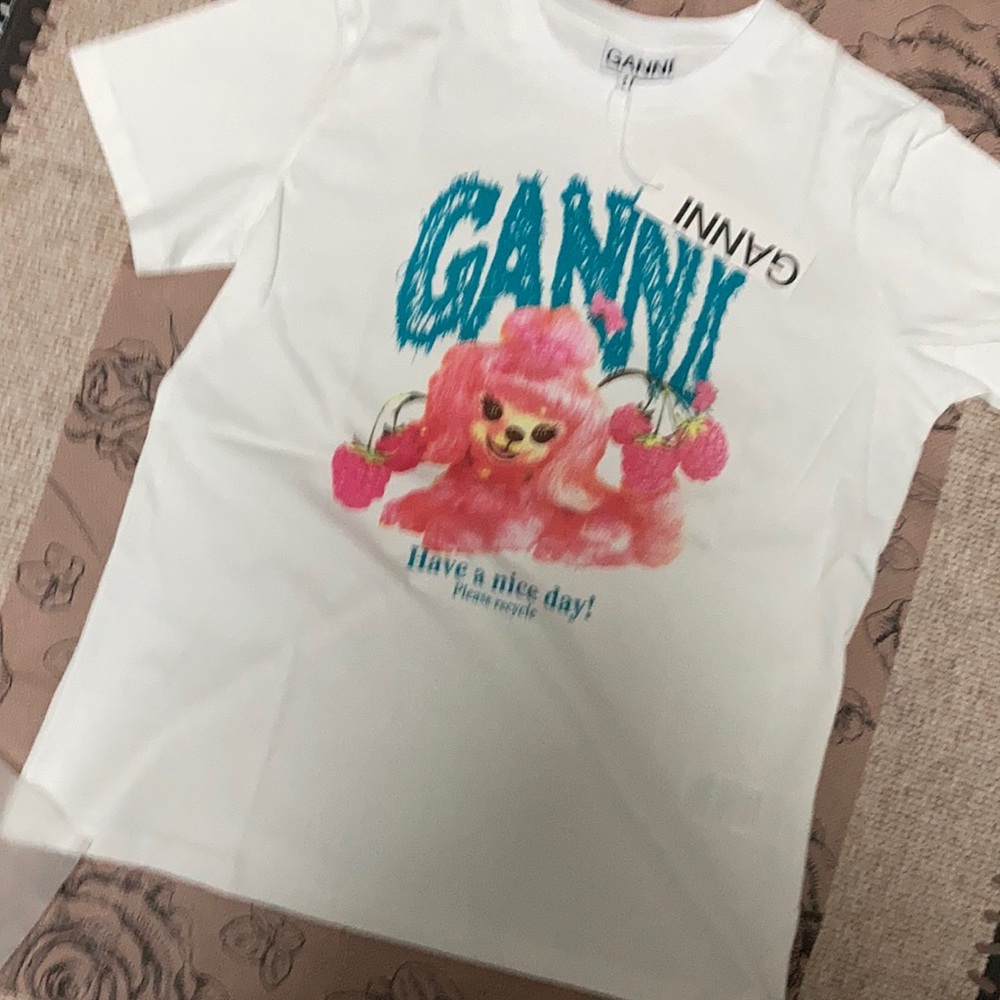 Ganni Sustainable Poodle Raspberry Graphic Tee White Have A nice day size Medium